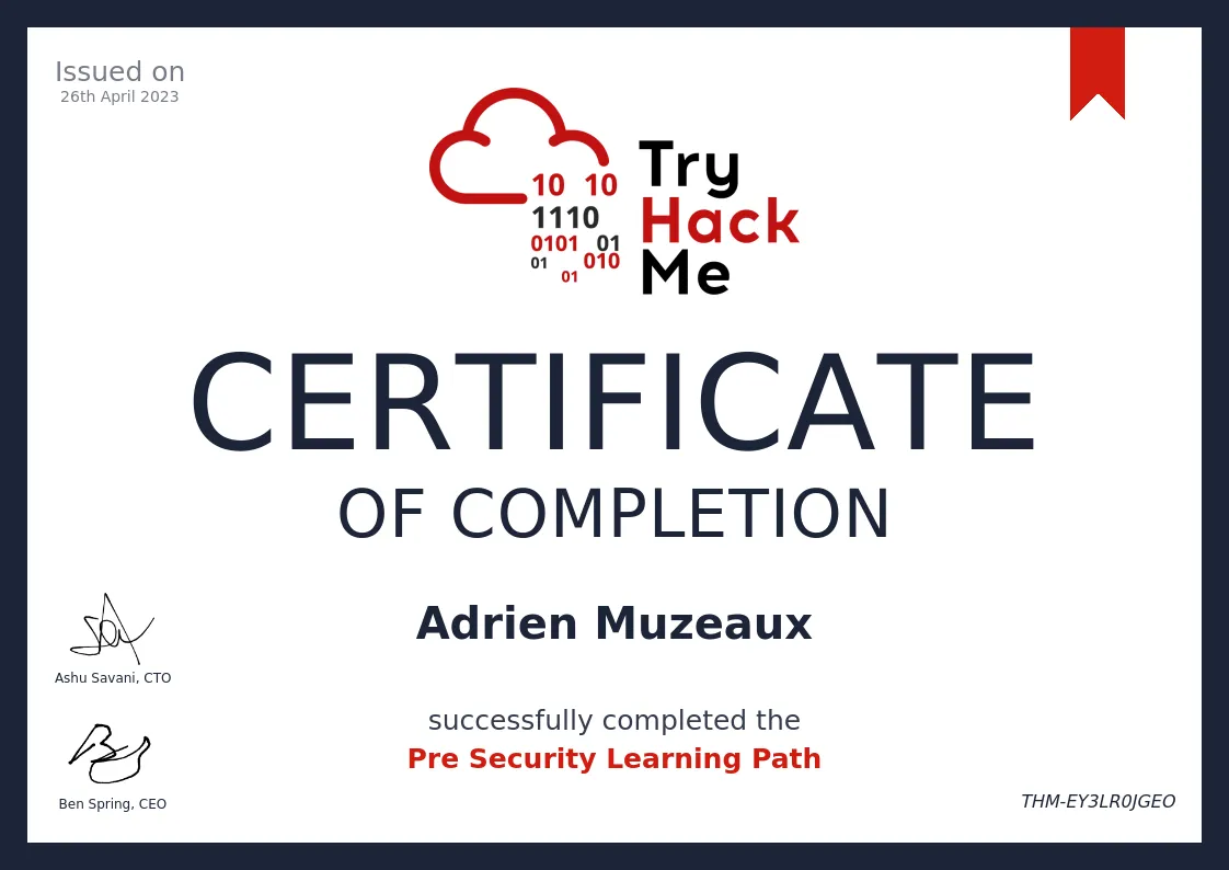 Certificat TryHackMe Pre Security Learning Path