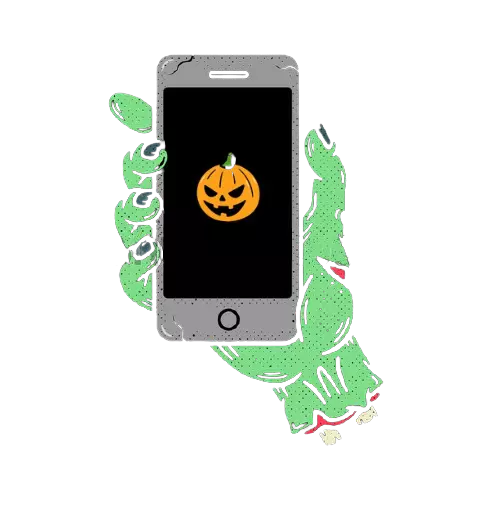 Main de zombie qui tient un téléphone qui affiche une citrouille d'Halloween